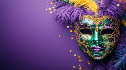 Vibrant mardi gras mask with feathers and glitter on purple background. Happy Carnival, Brazil, South America Carnival