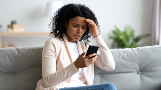 Woman Experiencing Stress and Frustration While Using Her Smartphone at Home