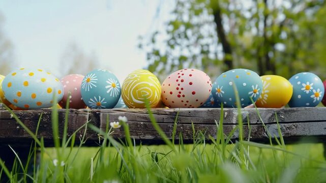 Decorative eggs displayed on rustic wood, perfect for Easter or spring theme