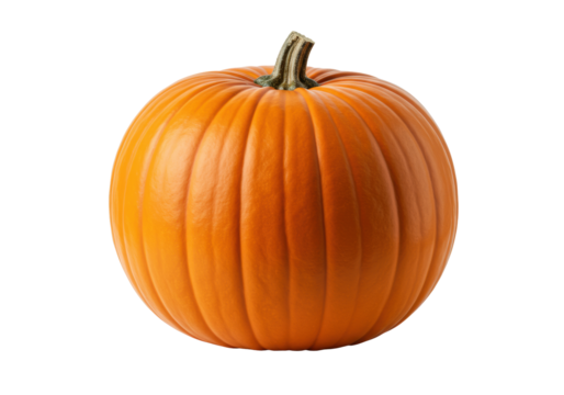 Pristine, vibrant orange pumpkin with short brown stem on a transparent studio background with ample negative space, concept of autumn harvest and abundance
