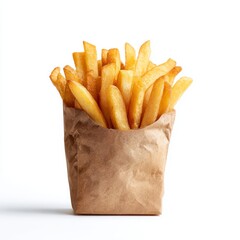 A close-up shot of a paper bag filled with freshly made french fries