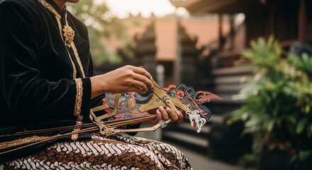Hands holding traditional Wayang Kulit puppets, representing Indonesian culture and ancient shadow puppet theater art in a captivating performance.