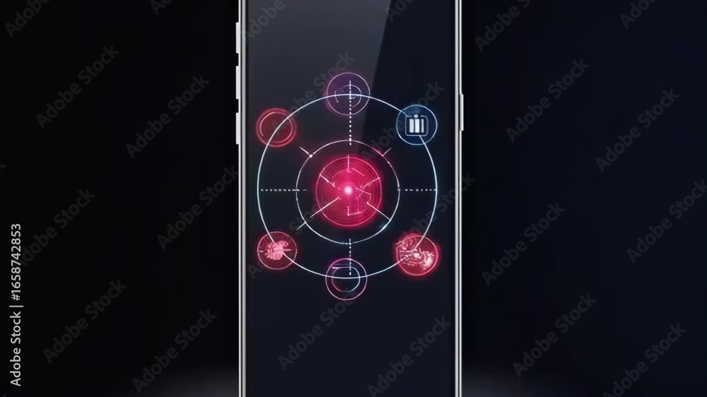 Poster futuristic smartphone interface: animated tech display on black background