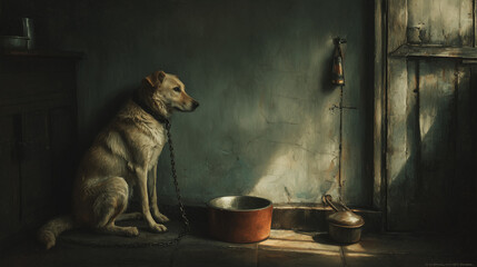 A dog is chained to its collar and sits close to a empty food bowl , dark mood.