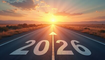 Road to 2026 with arrow pointing to horizon, positivity and success of new 2026, sunset light