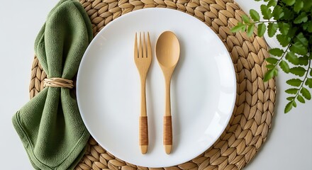 Elegant table setting isolated on white background featuring a white plate, wooden spoon and fork, and a green napkin, creating a rustic and natural dining experience with a touch of modern design
