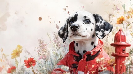 Dalmatian puppy in red jacket amidst colorful wildflowers and fire hydrant. National Fire Pup Day