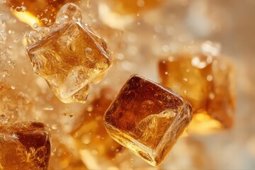 Caramel Cubes in Liquid Delight: A close-up capture reveals the alluring caramel cubes suspended in a liquid, creating an inviting scene perfect for culinary concepts. 