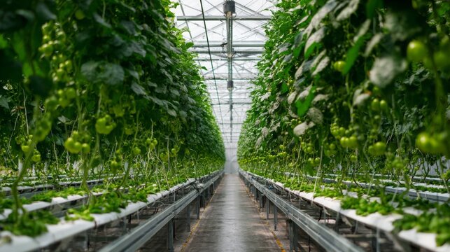 Greenhouse filled with lush tomato plants thriving under bright artificial lights