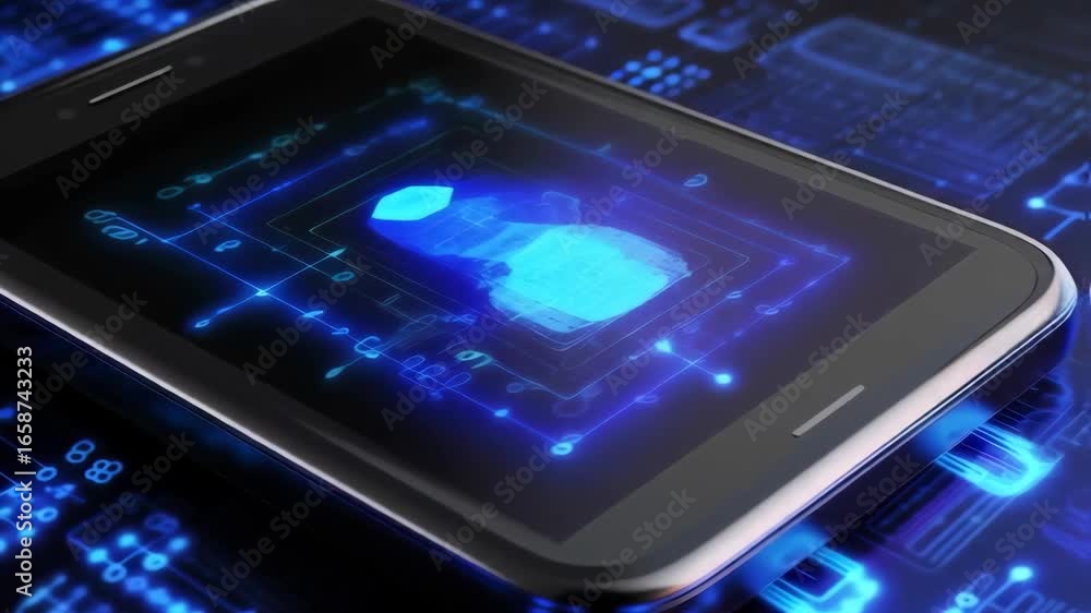 Poster futuristic smartphone security: digital lock unlocking with glowing circuitry