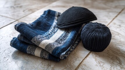 Warm and cozy winter accessories displayed on a tiled surface in a softly lit indoor setting