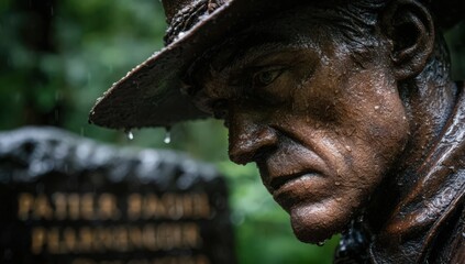 Memorial statue in Rain: A close-up shot captures a weathered memorial statue, its bronze surface glistening with raindrops, a solemn tribute reflecting the solemnity of the moment.