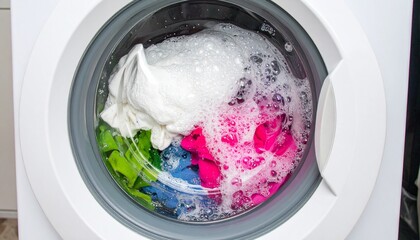 Vibrant Whirlpool of Colorful Clothes and Suds in a Washing Machine Porthole.
