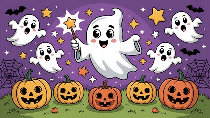 Naklejka premium Colorful Halloween scene with ghosts pumpkins and bats