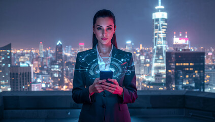 Confident businesswoman using a smartphone with digital interface, overlooking a night cityscape.