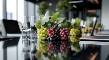 Assorted grapes and wine glasses on modern office table with reflections. National Fruit at Work Day
