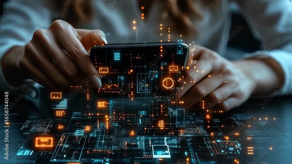 Poster futuristic tech: hands interacting with digital data on phone