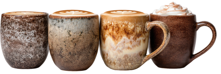 Four artisanal mugs, featuring a variety of mottled brown, beige, and cream colored glazes.  Each mug holds a warm beverage with varying levels of froth