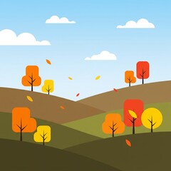 Autumn Landscape Colorful Hills and Falling Leaves Illustration