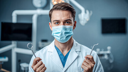A confident dentist poses with dental tools in a bright, modern clinic setting.