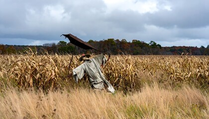 Obraz premium Weathered Scarecrow in Cornfield Under Cloudy Sky, Autumnal Landscape.