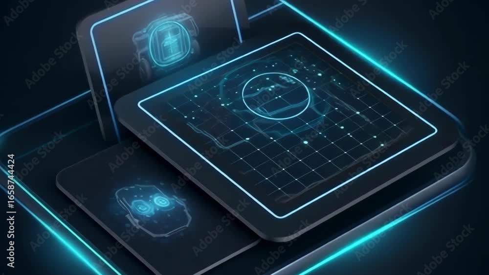 Poster futuristic tech interface: glowing displays, data visualization, and holograms