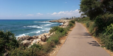 Coastal pathway along rocky shore under blue sky and gentle waves in a tranquil environment during daylight