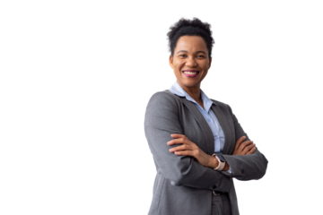 Confident businesswoman smiling with crossed arms, exuding professionalism and success on a transparent background