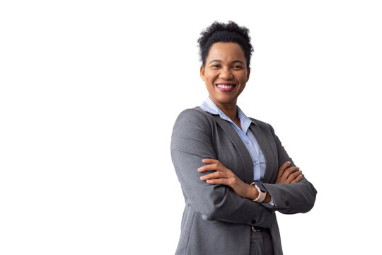 Confident businesswoman smiling with crossed arms, exuding professionalism and success on a transparent background