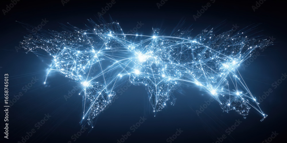 Poster global network: illuminated connections spanning continents, representing the seamless flow of data 