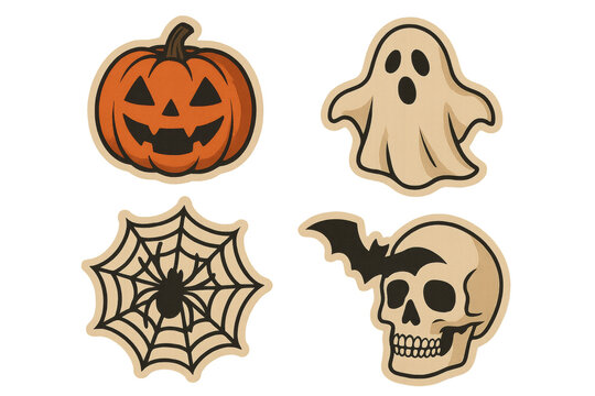 Halloween stickers featuring carved pumpkin, ghostly figure, spider web with arachnid, and skull alongside bat silhouette, ideal for seasonal graphic design