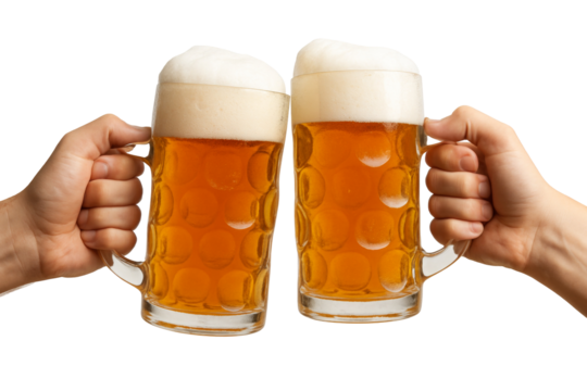 Golden beer mugs gripped by hands, toasting against transparent background, celebrating camaraderie with frothy craft brew in warm light