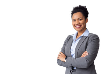 Professional businesswoman standing confidently, arms crossed, radiating success against...