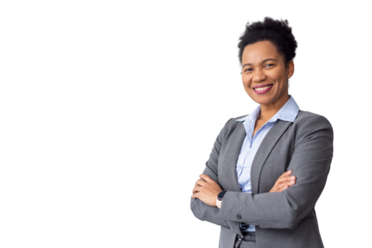 Professional businesswoman standing confidently, arms crossed, radiating success against transparent backdrop