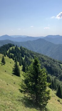 View from Lysec, Velka Fatra, Slovakia. Beautfiul landscape and nature summer scenery of Slovak mountains, hills and meadow. Sunny day and clear blue sky. Panoramatic panning vertical video.	