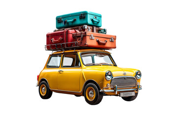 Vintage yellow mini cooper car loaded with luggage isolated on transparent background