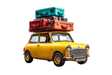 Vintage yellow mini cooper car loaded with luggage isolated on transparent background
