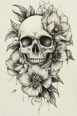 Intricate skull and floral design in detailed black and white art