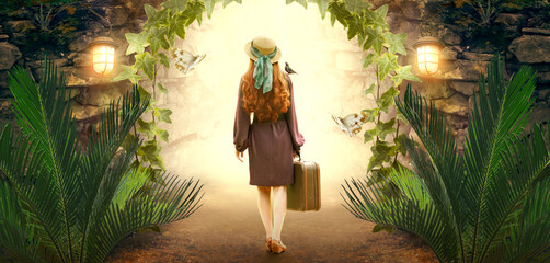 Young lady woman in retro polka dot dress, hat and suitcase with starling bird on shoulder walking out through stone dungeon cave towards mystical glow. Mysterious tranquil fantasy adventure scene.