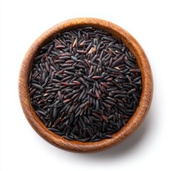 Close-up view of black rice in a wooden bowl
