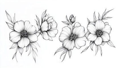 Detailed black and white floral sketch of hibiscus flowers with leaves