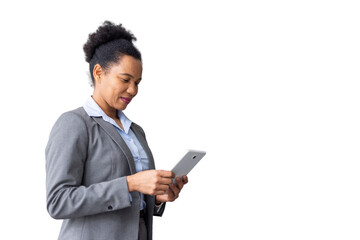Professional businesswoman working on digital tablet, transparent background providing seamless...