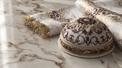 Decorative fabric and a traditional cap displayed on a marble surface with intricate design patterns in a well-lit setting