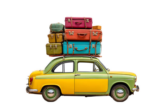 Fototapeta Vintage car loaded with luggage isolated on transparent background