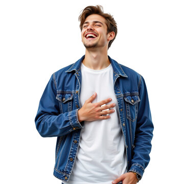 Joyful Young Man in Denim Jacket Smiling Against Transparent background