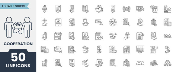 Cooperation icon set in line style. Containing business, cooperation, contract, partnership, regulations, compliance, legal system and more. Editable stroke. Vector illustration