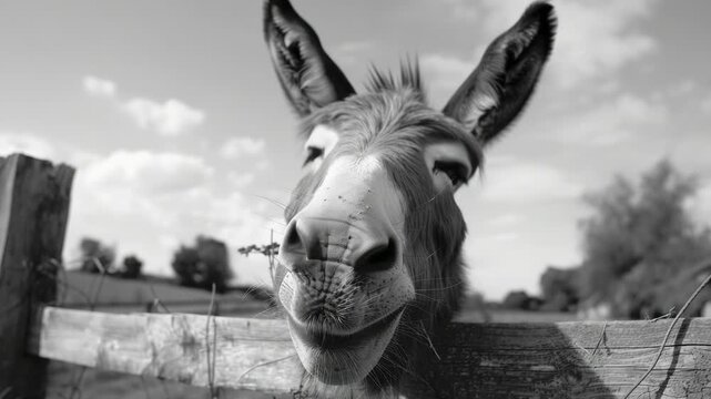 A donkey looking out from behind a farm fence, great for rural or country themed designs
