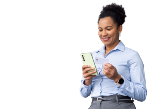 Professional businesswoman paying online, holding smartphone and credit card against clean white background