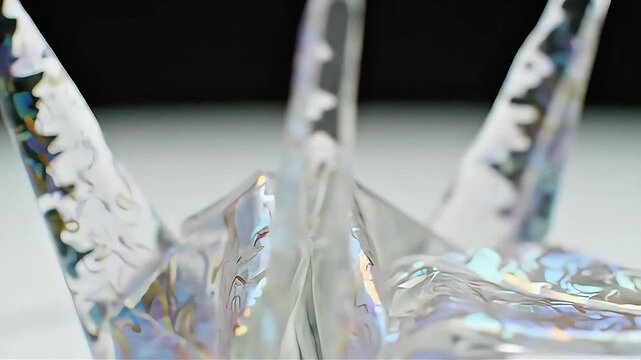Slow pan close-up of a delicate iridescent glass origami crane sculpture.