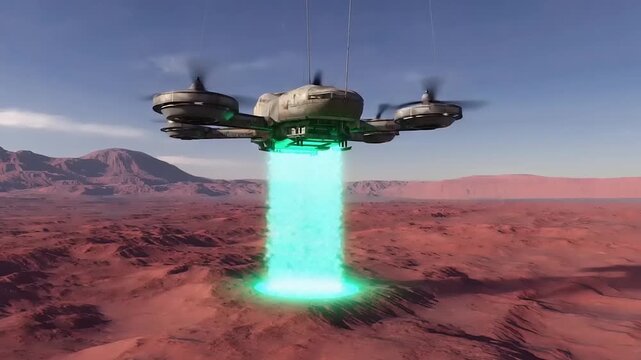 Advanced next-generation aerial vehicle surveying a rugged, arid landscape with a high-energy beam, illustrating cutting-edge technology and environmental analysis.